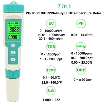 

New 7 in 1 PH/TDS/EC/ORP/Salinity /S. G/Temperature Meter C-600 Water Quality Monitor Tester Drinking Water, Aquariums PH Meter