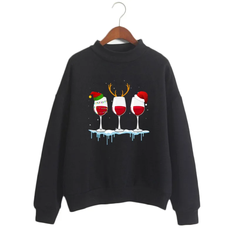 

Wine Glass Printed Jumper Women Christmas Pattern Print Turtleneck Sweatshirt Winter 2020 Xmas Gift 90s Female Streetwear Top