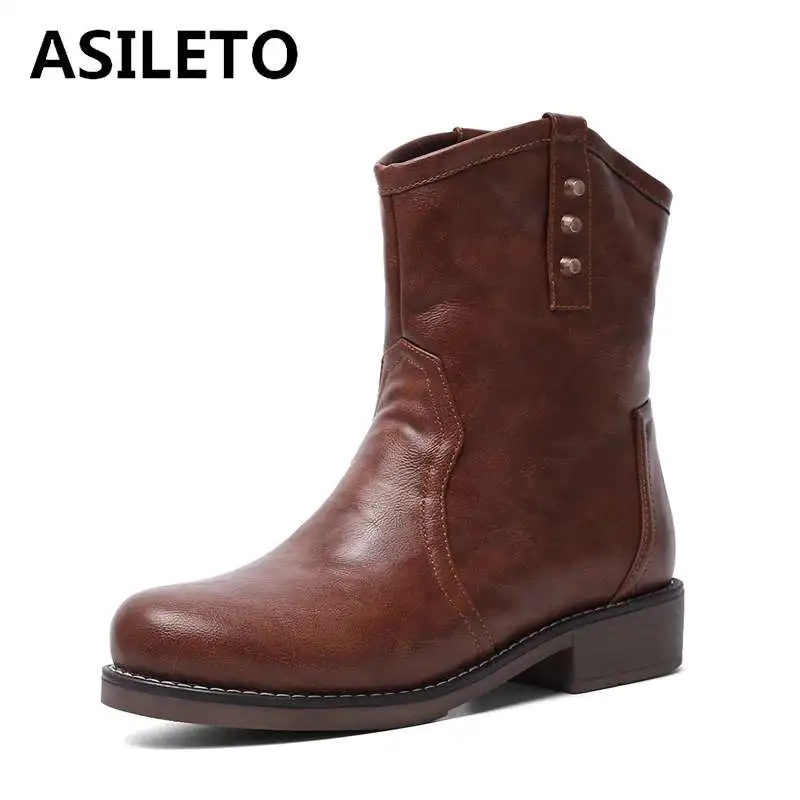 

ASILETO retro ankle boots women's boot in autumn winter low heels western buckle cross tied shoes ladies bottes bottines botas