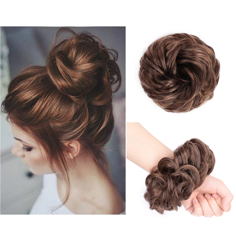 

Vigorous Bun Synthetic Fiber Heat Resistant Hairpiece Curly Brown Bun Elastic Ring Party Hair Wedding Hair for Women