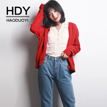 

HDY Haoduoyi 2019 New Fashion Autumn Lazy Wind V-neck Loose Sweater Coat Female Outside Knitted Pure Color Cardigan