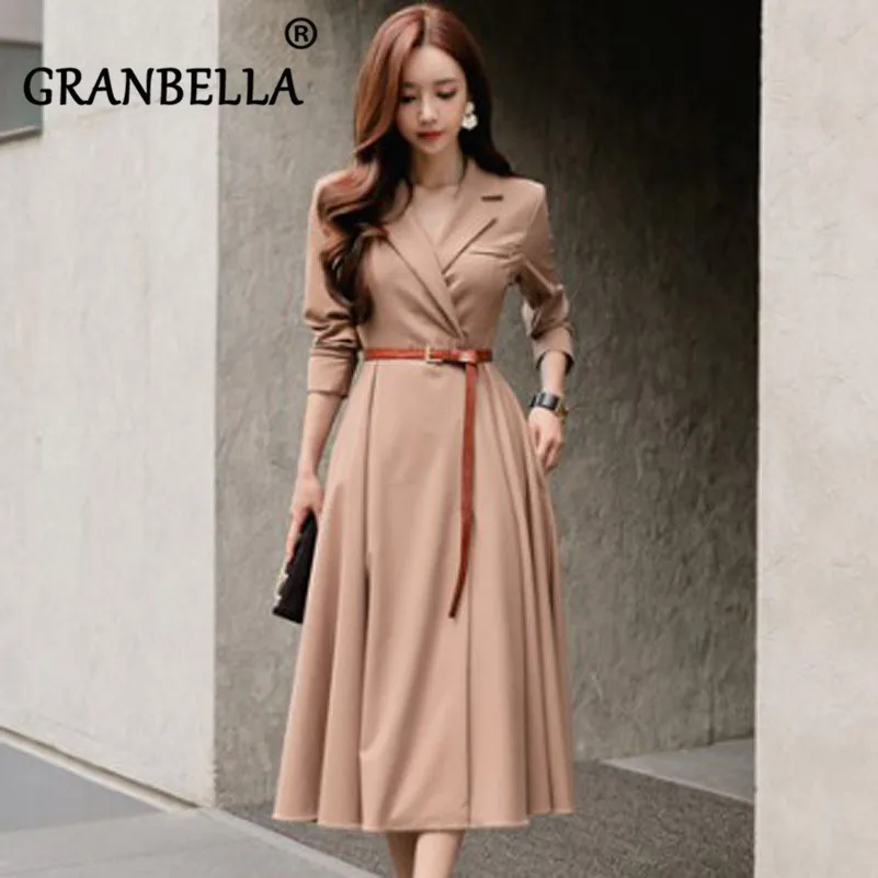 

Autumn Long Sleeve OL Slim Dress With Belt Solid Color Notched Elegant Office Lady Fashion Casual Dresses