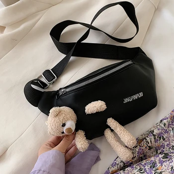 

2020 Female Solid Color Waist Chest Bag PU Leather Package Women's Single Shoulder Crossbody Bag Cute Bear All-match Flap Bag