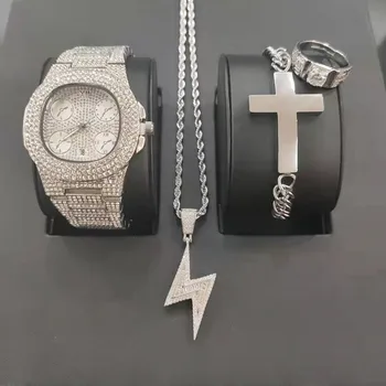 

Luxury Men Silver Color Watch Hip Hop Cross Jewelry Watch & Necklace & Bracelet & Ring Combo Set Ice Out Cuban Hip Hop For Men