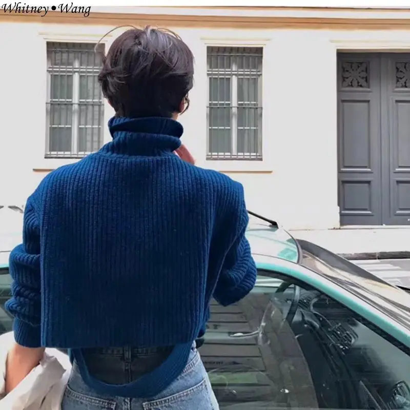 Синий WHITNEY WANG/ осенне-зимний модный уличная водолазка с открытой спиной свитер с завязками женский джемпер sueter mujer invierno - Цвет: Синий