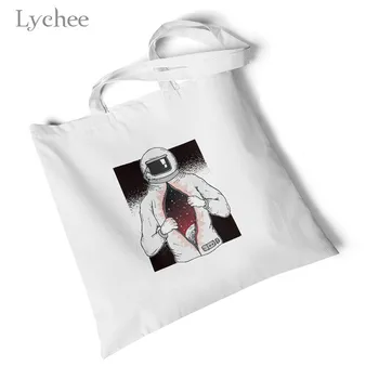 

Lychee Harajuku Astronauts Print Women Canvas Bag Foldable Reusable Large Shopping Bag Original Storage Travel Bag Handbag