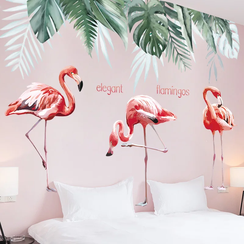 

[shijuekongjian] Pink Flamingo Animal Wall Stickers DIY Green Leaves Wall Decals for House Kids Rooms Baby Bedroom Decoration