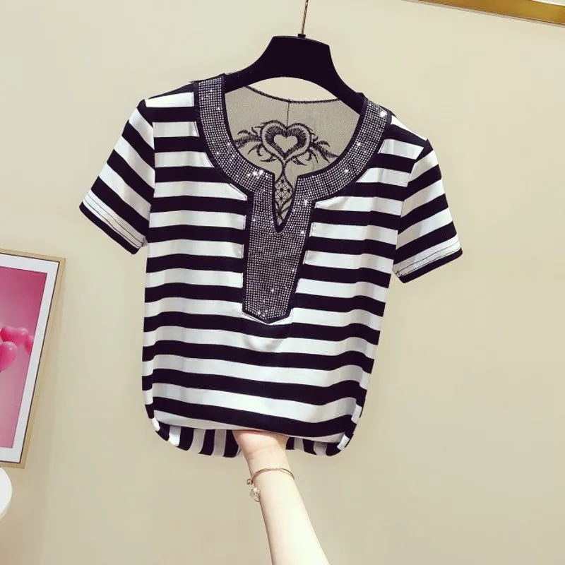 

Stripe T-shirt for Women 2020 Summer Wear New Light Diamond V-neck Short Sleeve Striped T-shirt Women's Back Lace Hollow Out Tee
