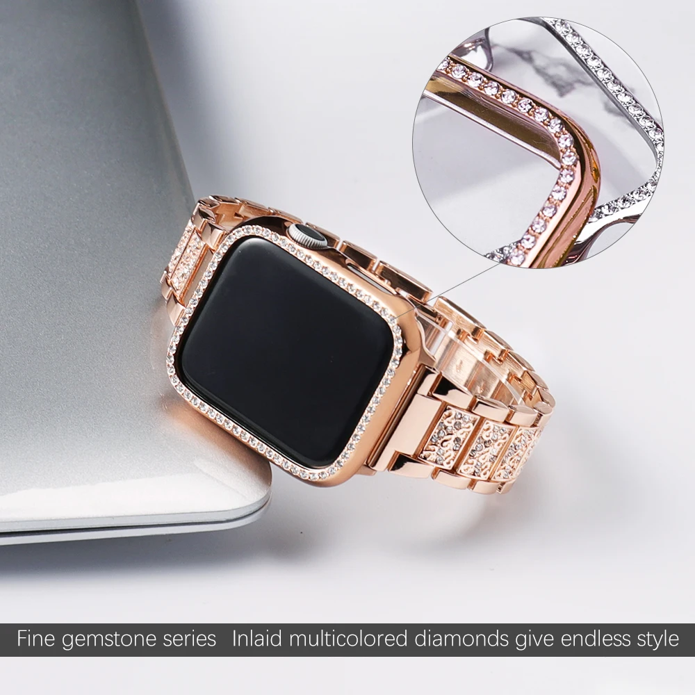 Correa + funda de Metal para Apple Watch Series 5, 40mm, 44mm, anillo de diamante, 38mm, 42mm, pulsera de acero inoxidable iwatch 4/3/2/1