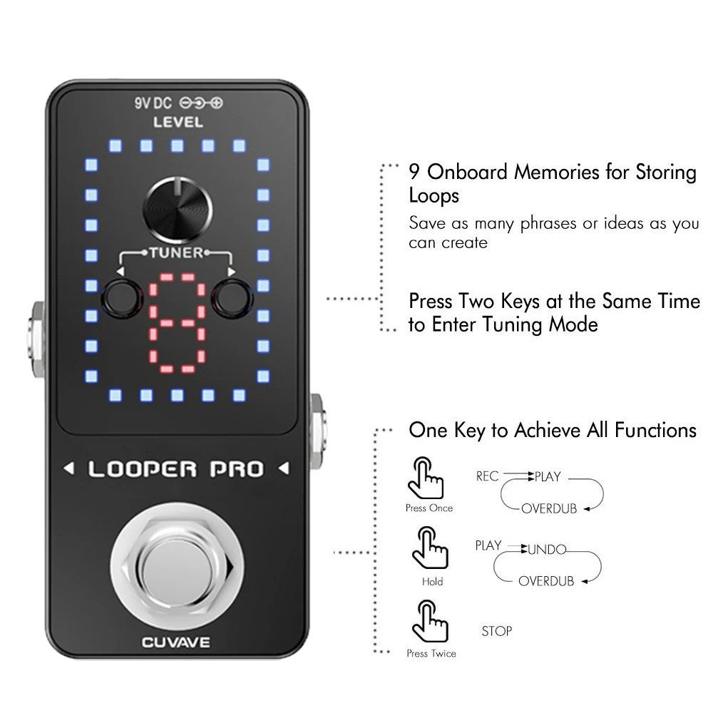 CUVAVE LOOPER PRO гитарная петля педаль 9 петель всего 40 минут время записи гитарная педаль неограниченное количество накладных с функцией тюнера