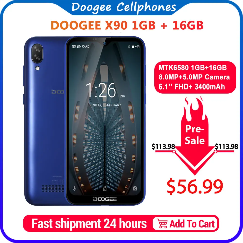 DOOGEE X90 Cellphone 6.1inch 19:9 Waterdrop LTPS Screen Smartphone Quad Core 16GB ROM 3400mAh Dual SIM 8MP+5MP WCDMA Android Go