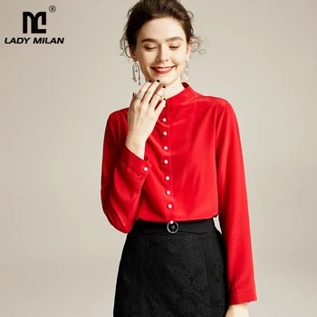 

100% Pure Silk Women's Runway Shirts O Neck Long Sleeves High Street Fashion Casual Blouse Shirt