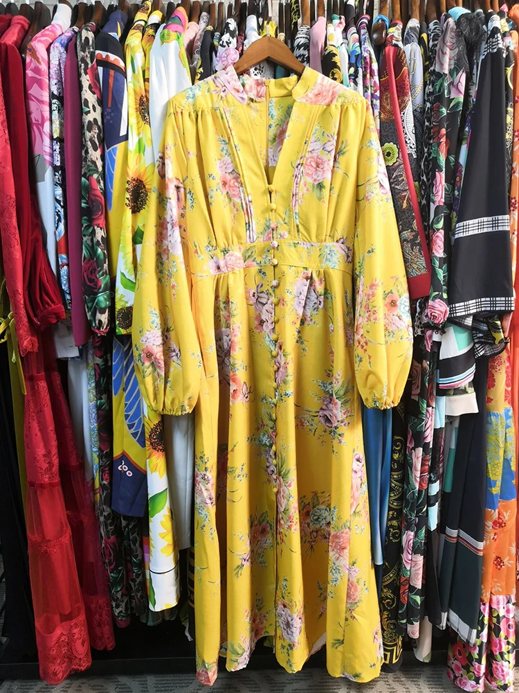 SEQINYY Bohemia Dress Spring Autumn New Fashion Design Women Long Sleeve Buttons Flowers Print Yellow Long Dress Casual