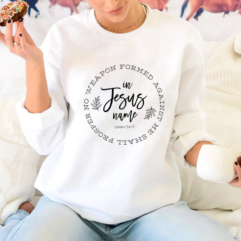 

No Weapon Formed Against Me 100%Cotton Printed Women Sweatshirts Christian Sweatshirt Faith Casual O-Neck Long Sleeve Tops