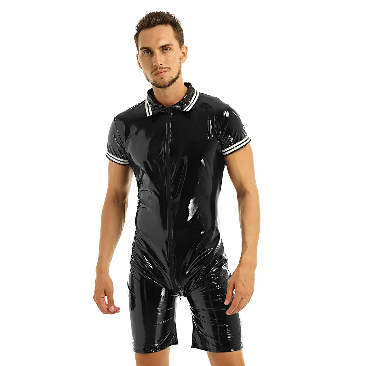 Черный Мужское нижнее белье, Wetlook, сексуальная клубная одежда, лакированная кожа, боди, трико для борьбы, майка, мужская, с отложным воротником, с мешочком, стринги, трико - Цвет: Черный