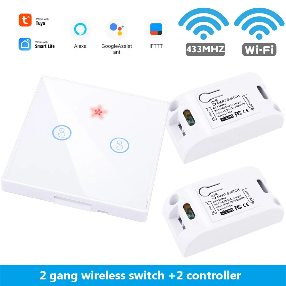 SMATRUL Tuya Smart Life APP WiFi сенсорный выключатель светильник RF 433 МГц настенный DIY релейный таймер модуль Google Home Amazon Alexa 110 В 220 В 10A - Цвет: w 2 gang 2 Receiver