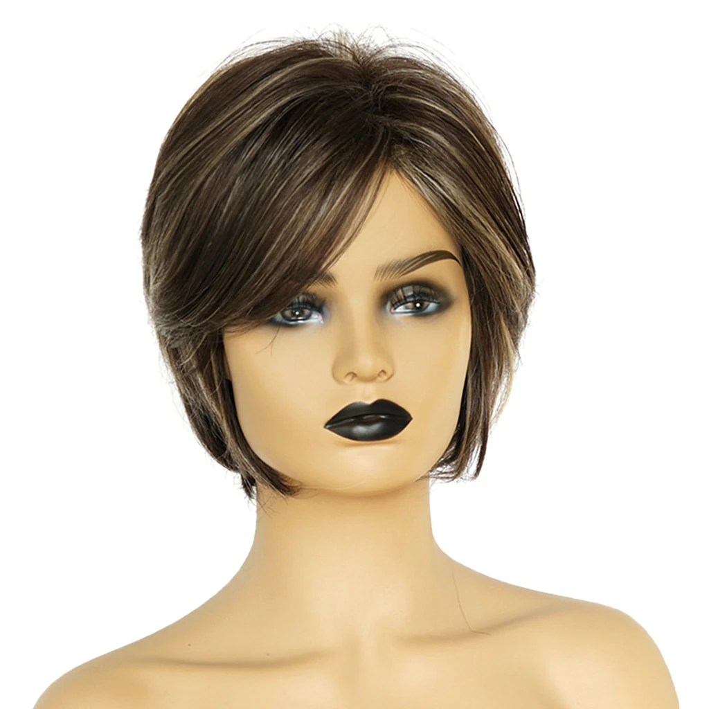 Chic Short Straight Pixie Cut Full Hair Wig Natural Human Hair Wigs w/ Bangs For Fashion Women Cosplay Costume Wig