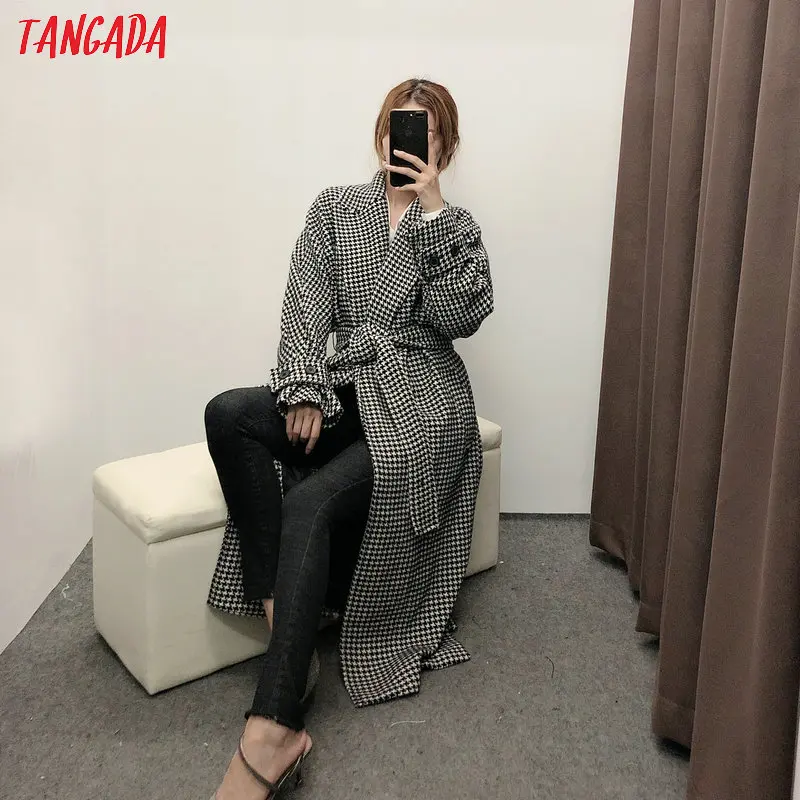Goedkoop Tangada Elegante 2019 Winter Vrouwen Lange Jas Jas Casual Hoge Kwaliteit Warme Plaid Patroon Overjas Fashion Lange Jassen BE02