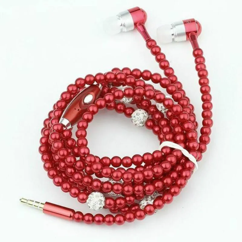 Pearl Necklace Earphones Rhinestone Jewelry With Mic Headset Line Type Earpiece For Iphone Xiaomi Huawei Connect To Audio Device