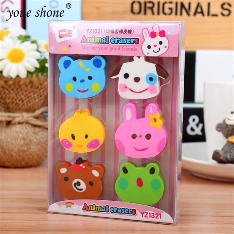

YOUE SHONE 6pcs/set Cartoon Cute Eraser Pencil Eraser Student School Supplies School Issues Small Gift Prizes