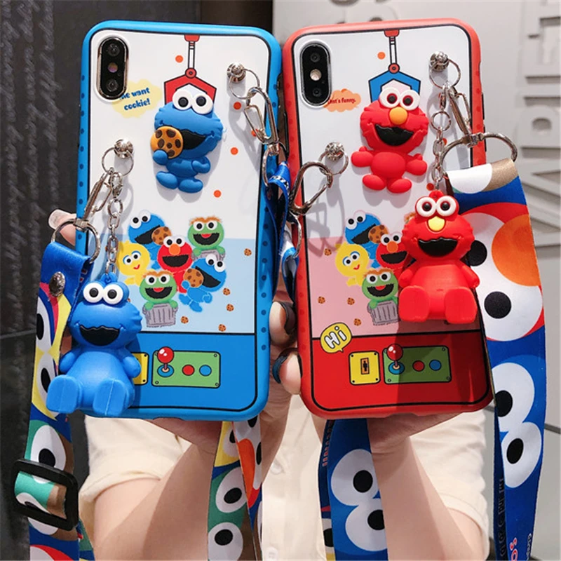

For huapwei p30 P20 3D Sesame Street Case,Cute cookie Elmo Soft phone Cover for huawei mate20 pro nova4 nova3 Case +toy +strap