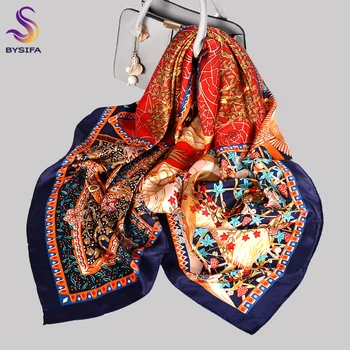 

BYSIFA|Luxury Pure Silk Scarf Shawl New Female Scarves Hijabs 100% Silk Square Scarf Headscarf Winter Navy Blue Red Women Scarf
