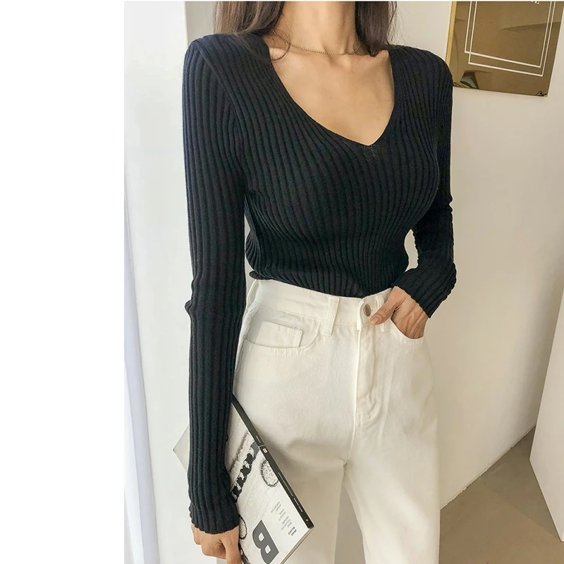 

2019 autumn winter sexy slim v neck women sweater korean Style long sleeve black knitted tunic Bodycon white minimalist pullover