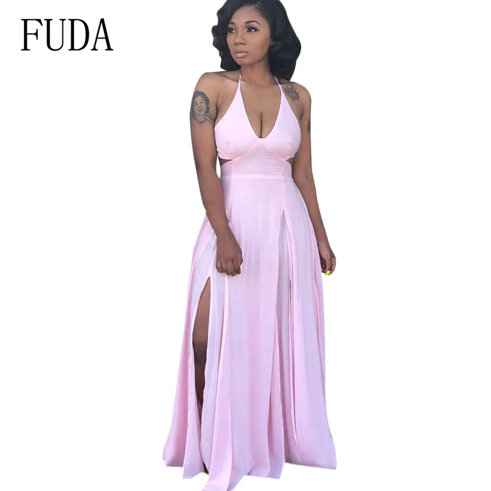 

FUDA Plus Size XXL Summer Boho Women Sleeveless Sexy High Split Dress Fashion Open Back Halter Maxi Long Dress Beach Casual Wear