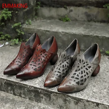 

EMMAKING boots women 2020 Genuine leather Staining pointed Toe Cut-out Round heel Hand-made summer women boots Freeshipping