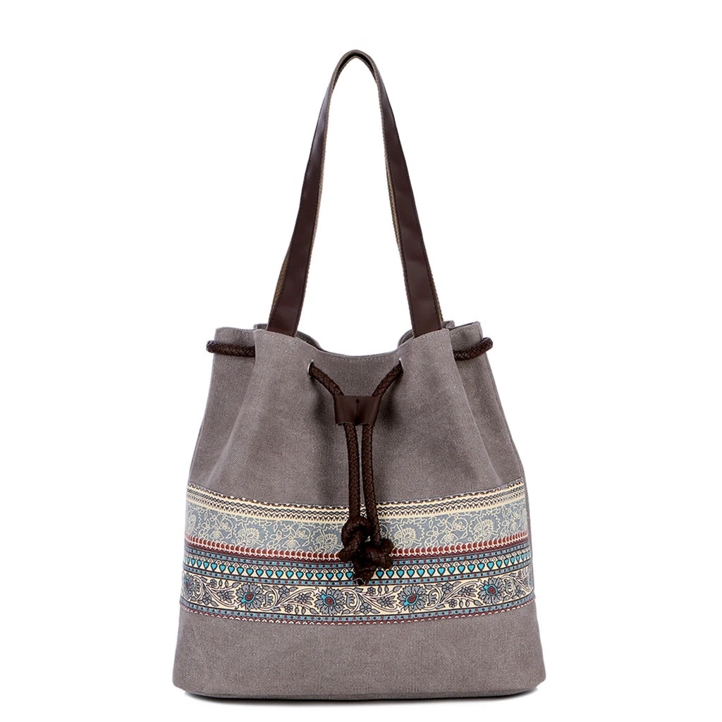 Style Canvas Handbags Women Drawstring Bucket Bag Lady Cheap Shoulder Single Shoulder Shopping Bags Floral Printed Beach Bag 820