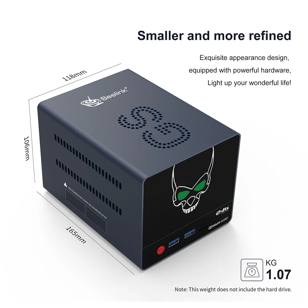 Beelink GS-King X Dual HDD NAS Hi-Fi Audio System Smart 4K TV Box with Dual 3.5 inch SATA HDD Amlogic S922X-H ARM G52 MP4 4GB DDR4 + 64GB EMMC 2.4GHz + 5.8GHz Dual-WiFi 1000Mbps - Black EU Plug