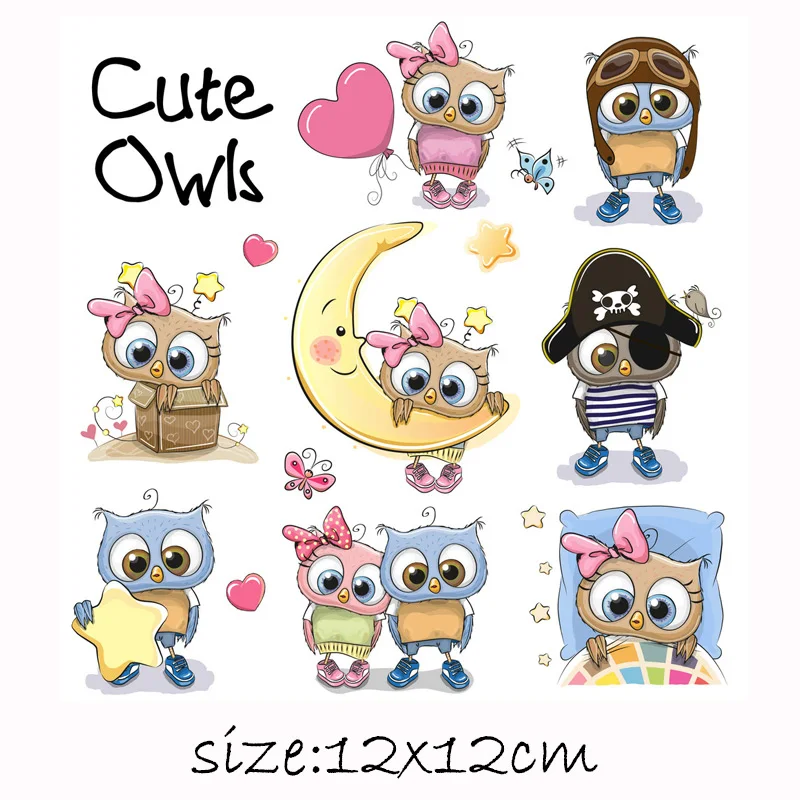 cute owl set Милые животные набор патчей теплообмена виниловые стираемые наклейки для детской одежды рубашка аппликации полоски на одежде термопресс - Color: cute owl set