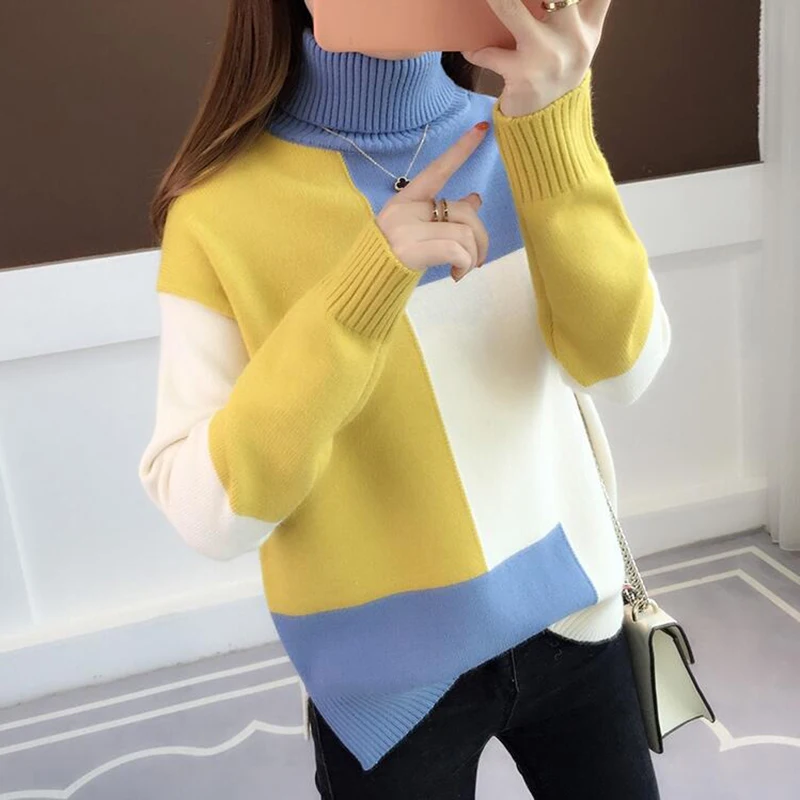 Ceny Ponadgabarytowy sweter z dzianiny kobiet czerwona patchworkowa z golfem dzianiny zimowy sweter koreański sweter odzież codzienna ciepłe luźne V644