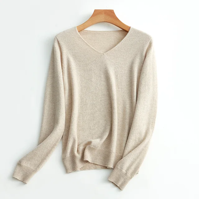 SuyaDream Women Sweaters High Quality 100%Cashmere Basic V neck Pullovers 2021 Fall Winter Simple Chic Knit Wear Beige