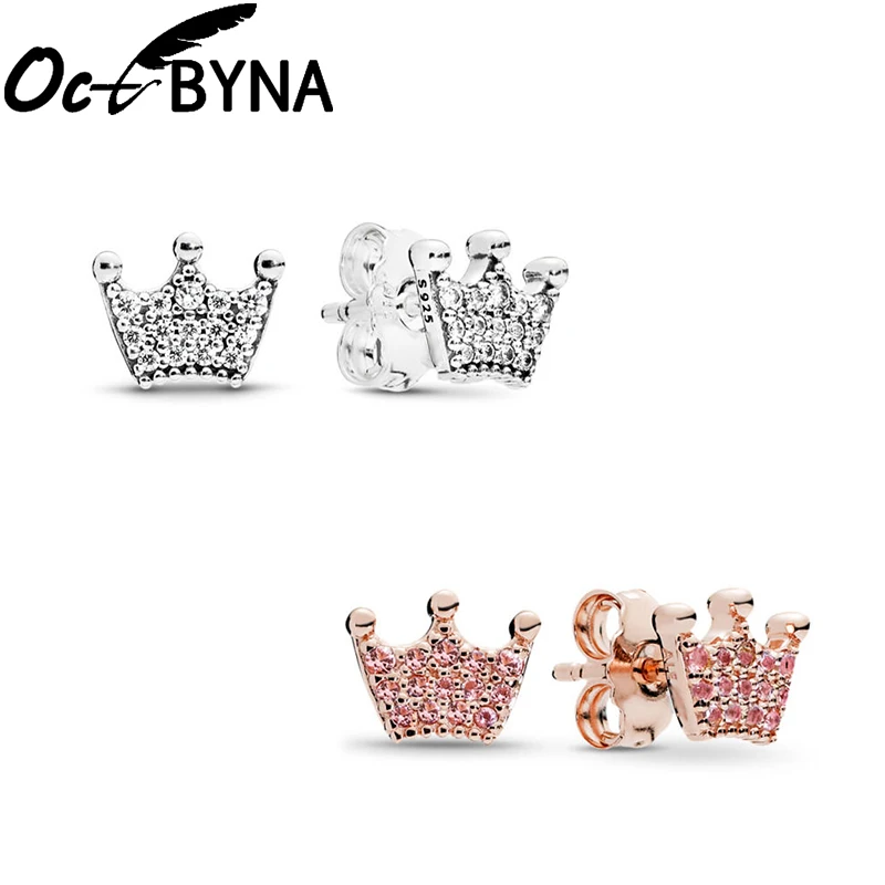 

Octbyna High Quality Authentic Plated Silver&Rose Gold Crown Clear CZ Fine Stud Earring Women Wedding Jewelry Dropshipping