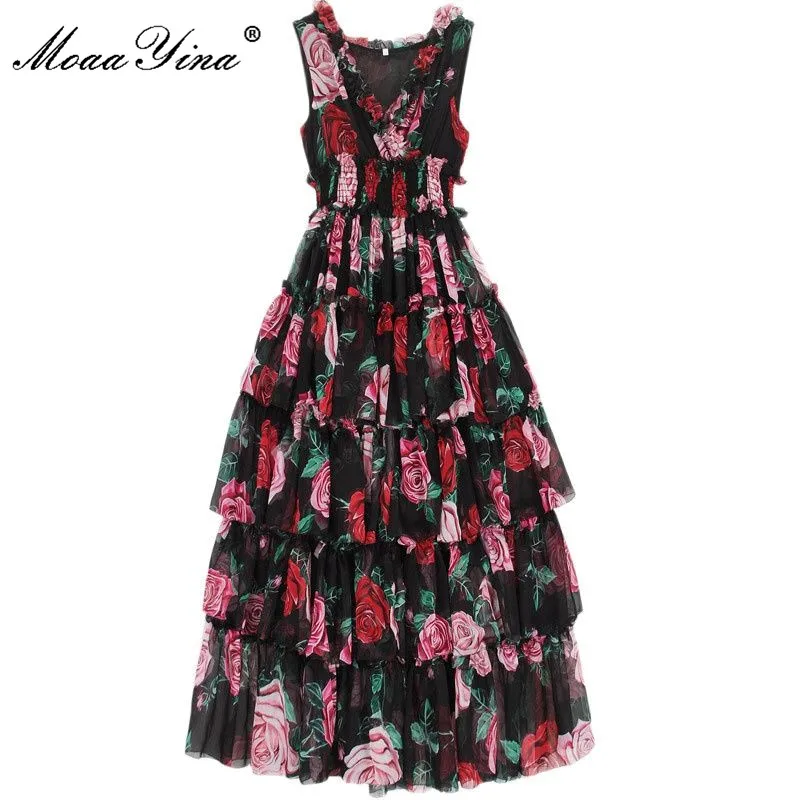 MoaaYina Fashion Designer Runway Dress Summer Women's Sleeveless V-neck Rose Floral-Print Ruffles Elastic waist Vacation Dresses | Женская