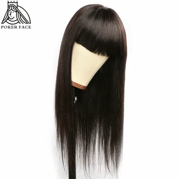 

Poker Face Brazilian Remy 100% Human Bang Wigs 26 inch Pre Plucked Natural Black Straight Wave Full Machine Made Lace Front Wigs