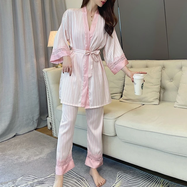 Satin Pajamas 3 Piece Set, 3 Piece Women Sleepwear