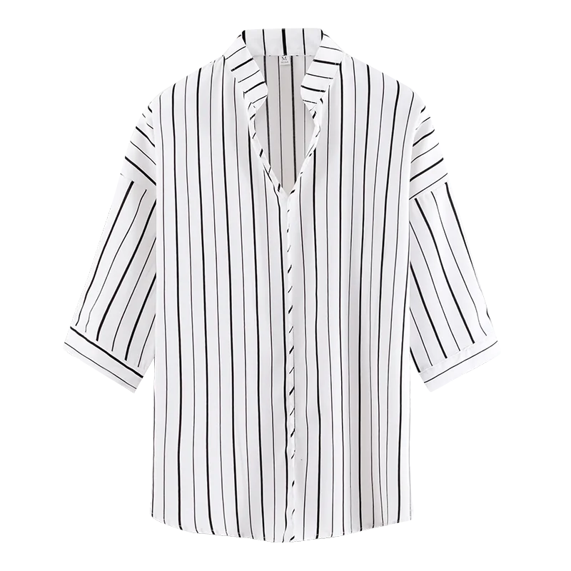 2020 New Summer Blouse Shirt Female Cotton Striped Print Short Sleeve Office Work Shirts Women Casual Tops Ladies Modis Clothing