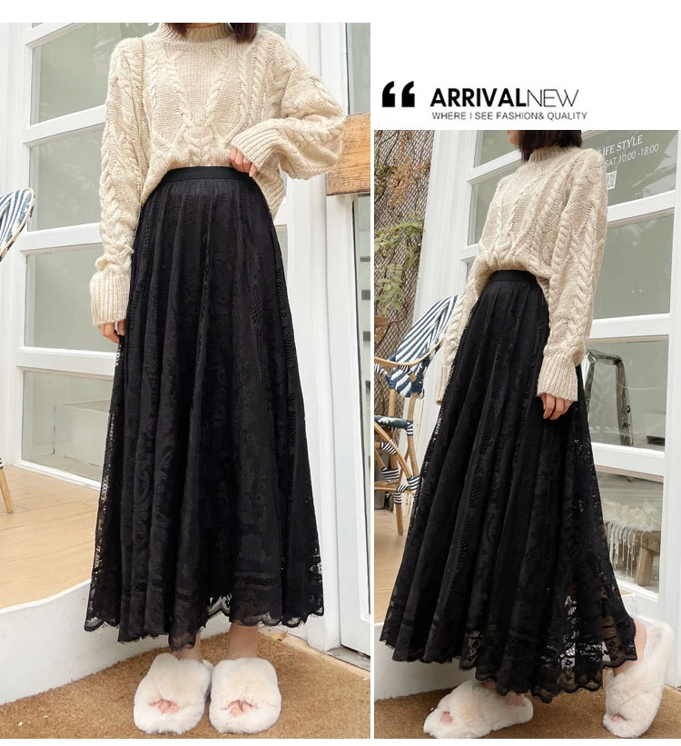 Vintage Women's Lace Crochet Umbrella Long Skirts 2021 Bohemian High Waist Hollow Out Female Maxi Skirts Spring Summer sequin skirt