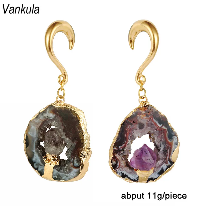 

Vankula 6pcs irregular precious crystal dangle ear plugs ear tunnel stainless steel gold ear weight hook piercing gauges