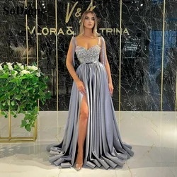 SoDigne Satin Beads Evening Dress Formal Gowns High Split Prom Dress Floor-Length Cocktail Party Gown Plus Size