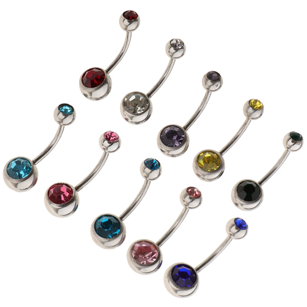 10Pcs - VALUE PACK - Navel Ring Barbell Crystal Rhinestone Belly Button Ring Bar Piercing 18g Gauge
