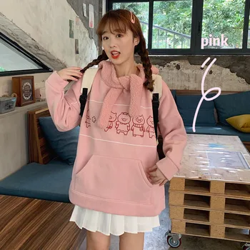 

Women Sweet Cartoon Sweatshirt Lovely Pink Loose Hoodies Long Sleeve Fleece Hooded Pullovers Thick Plush Winter Tops