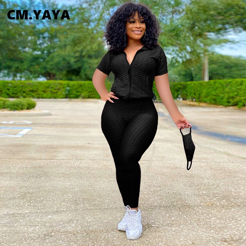 CM.YAYA Activewear Conjunto de ropa deportiva para mujer, chaquetas de manga corta y traje de chándal deportivo de verano, conjunto de dos piezas, traje de 2021|Conjuntos de mujer| - AliExpress
