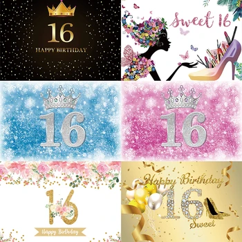 

16th Happy Birthday Photography Backdrop Pink Flower Crown Party Diamond Photo Background Decoration Studio Prop Banner