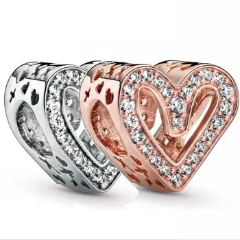 

New 925 Sterling Silver Bead Charm Openwork Rose Sparkling Freehand Heart With Crystal Beads Fit Bracelet DIY Jewelry