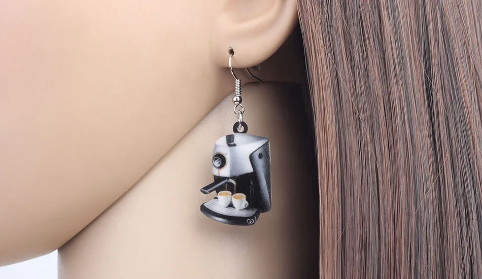 NEWEI Acrylic Novelty Coffee Machine Earrings Dangle Drop Trendy Jewelry For Women Girl Charm Gift