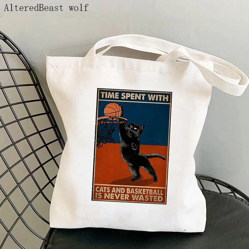 Women Shopper bag Time Spent With Cat Kawaii Bag Harajuku Shopping Canvas Shopper Bag girl handbag Tote Shoulder Lady Bag