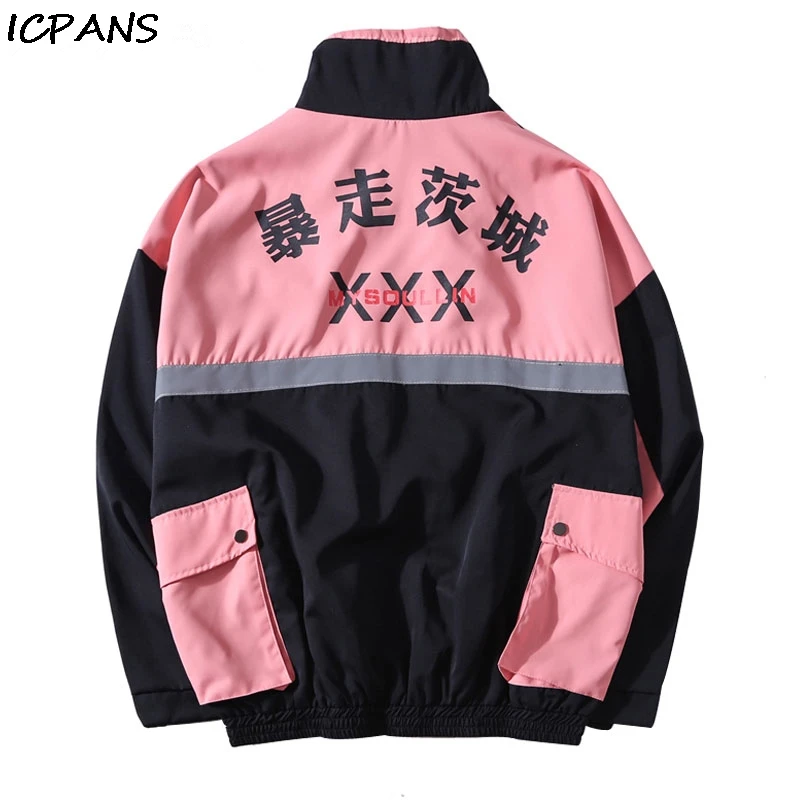 Tanie ICPANS boczne kieszenie 3M odblaskowe wiatrówka utwór kurtki Streetwear męskie 2019 Hip Hop Full Zip pasek płaszcze moda mężczyzna